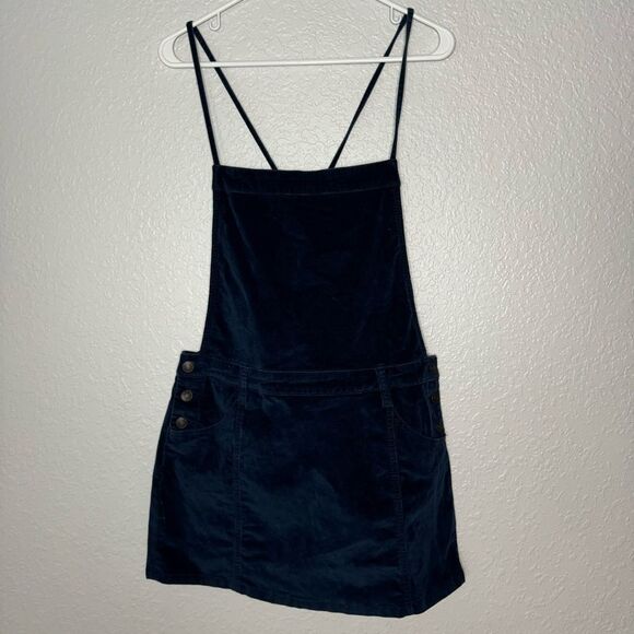 Free People Savannah Overall Mini Dress Size 8 Navy Velvet Pockets Boho Preppy - Picture 2 of 11